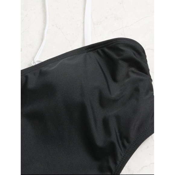 NEW Black & White Monokini Swimsuit w/ Adj White Tie Belt Around Waist -Size L - Picture 3 of 7